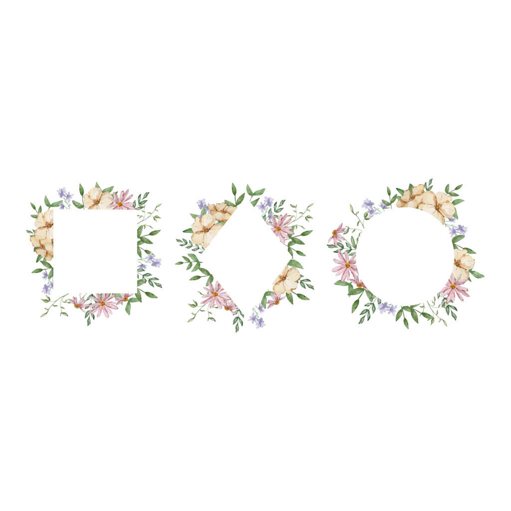 قاب‌ها با مجموعه گل‌ها و برگ‌های آبرنگی باغ