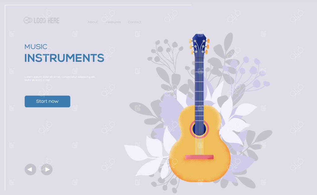 فلایر مفهومی موسیقی کلاسیک گیتار، بنر وب، سر صفحه رابط کاربری، ورود به سایت.