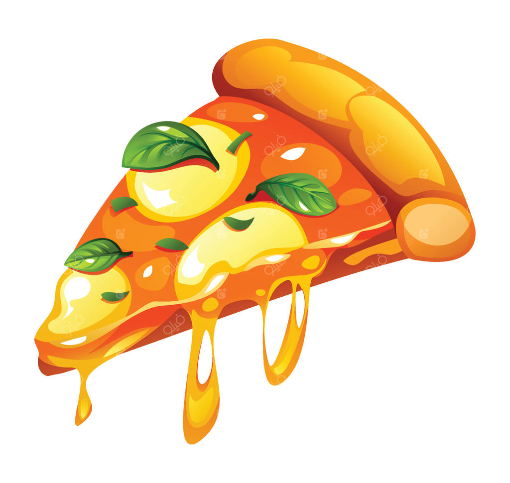 قطعه‌ای خوشمزه از پیتزا مارگریتا داغ با پنیر آب شده و برگ‌های تازه ریحان. تصویر کارتونی