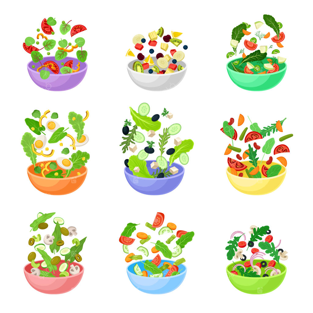 مجموعه‌ای از کاسه‌های رنگارنگ با برش‌های سبزیجات