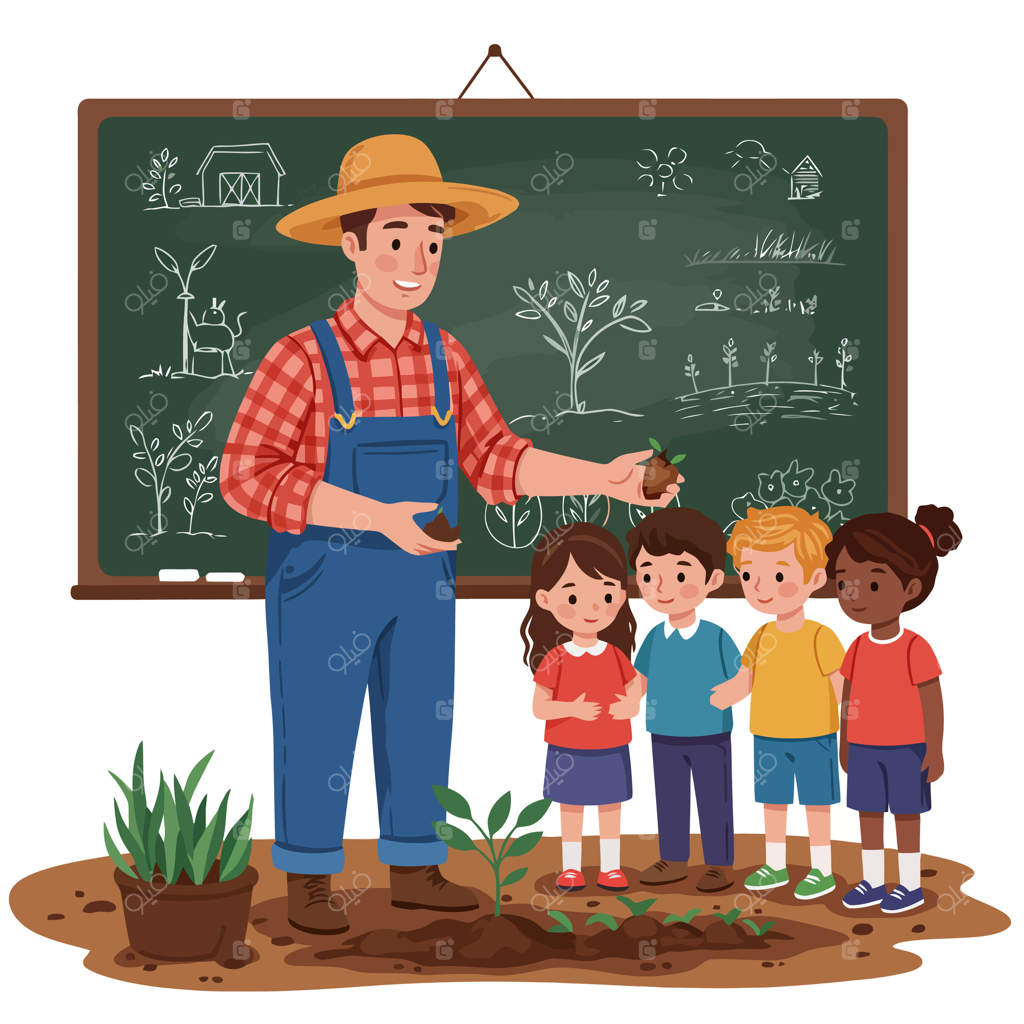 درس باغبانی برای کودکان: آموزش کاشت گیاهان توسط کشاورز به گروهی از کودکان متنوع