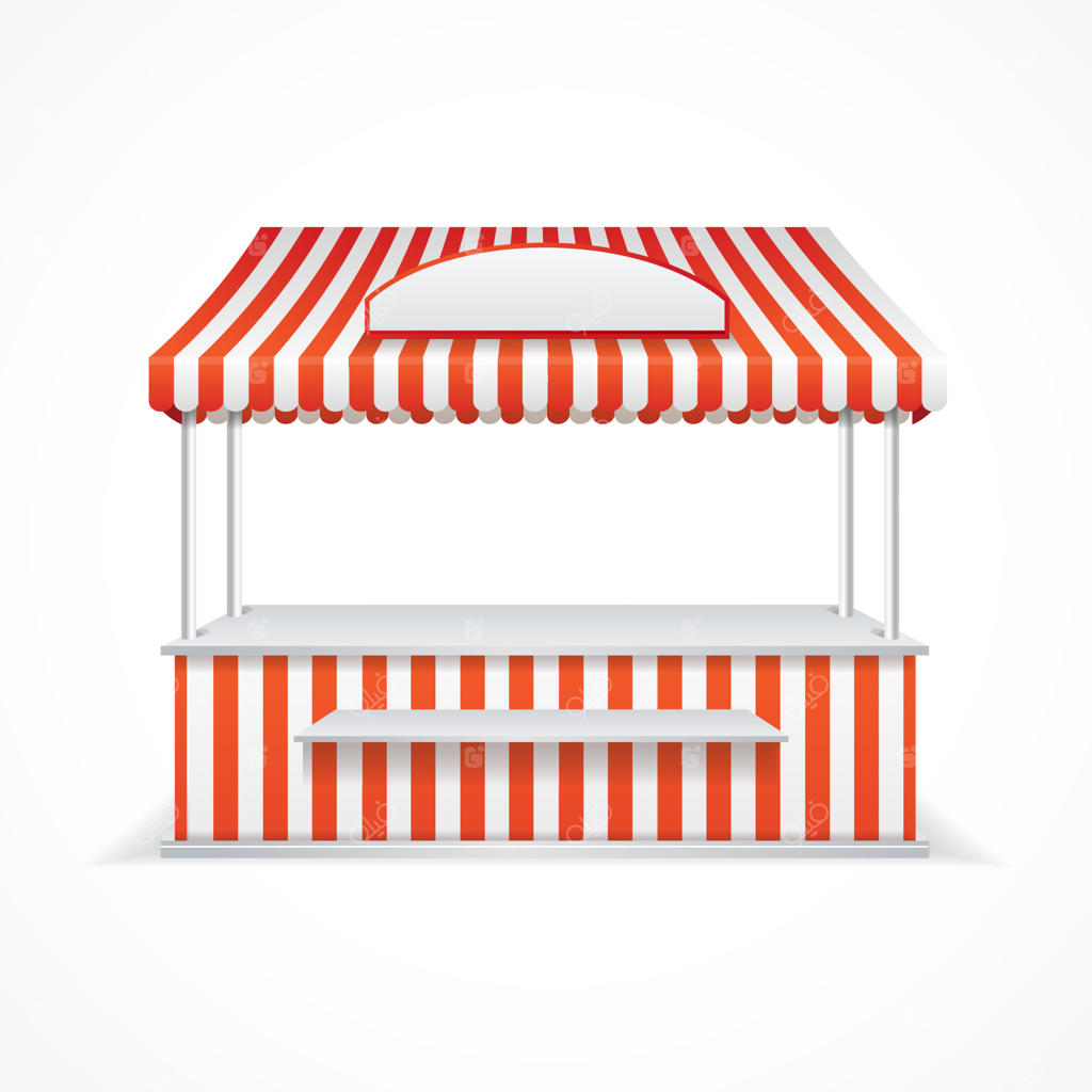 دکه بازار با سایه‌بان راه‌راه قرمز و سفید.