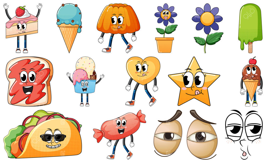 مجموعه‌ای از حالات چهره با سبک کارتونی غذای قدیمی روی پس‌زمینه سفید