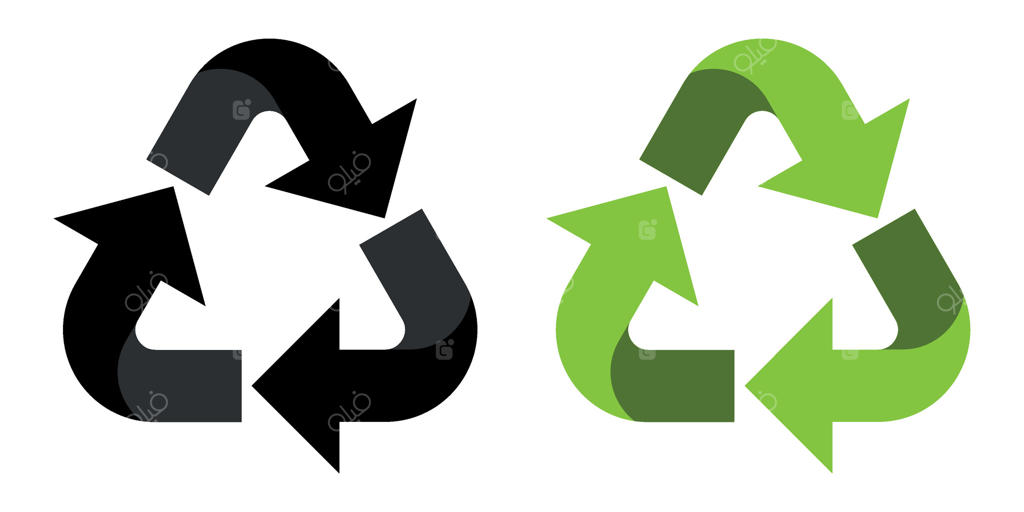 بازیافت: آیکون‌های بازیافت و فلش‌های بازیافتی. نماد بازیافت به رنگ‌های سبز و سیاه برای بسته‌بندی و مدیریت زیست‌محیطی. نمادهای محیط زیستی و دوستدار طبیعت.