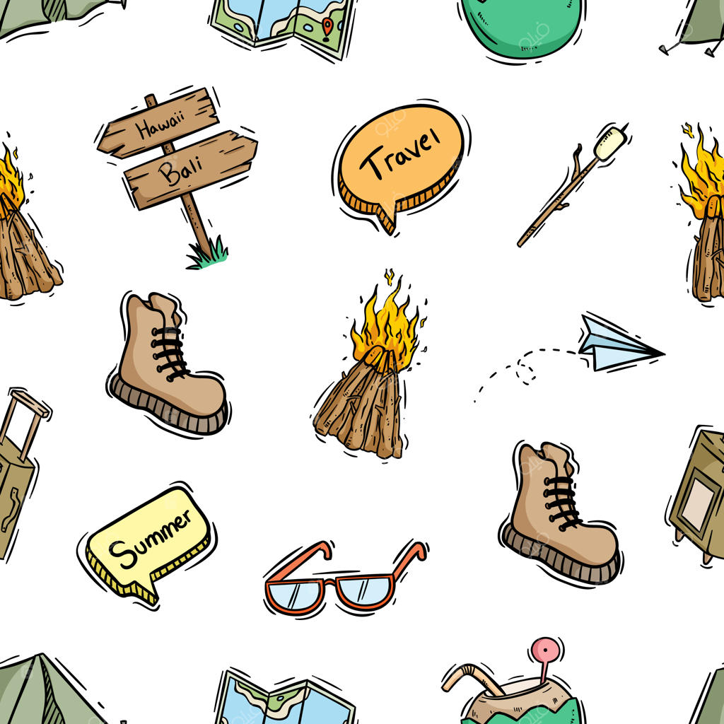 پترن یکپارچه‌ای از نمادها یا عناصر سفر با سبک طراحی دستی