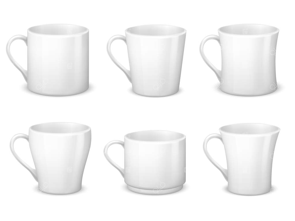 ماگ‌های قهوه کاملاً سفید و واقعی با دستگیره و فنجان‌های چینی
