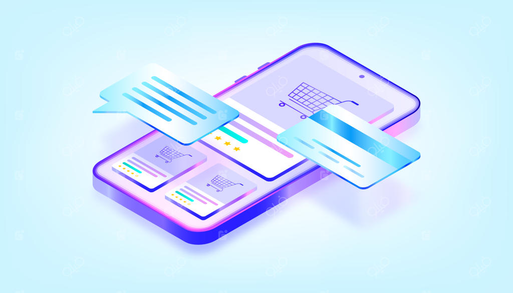 مفهوم خرید آنلاین: تصویرسازی سه‌بعدی با گرادیان رنگی.