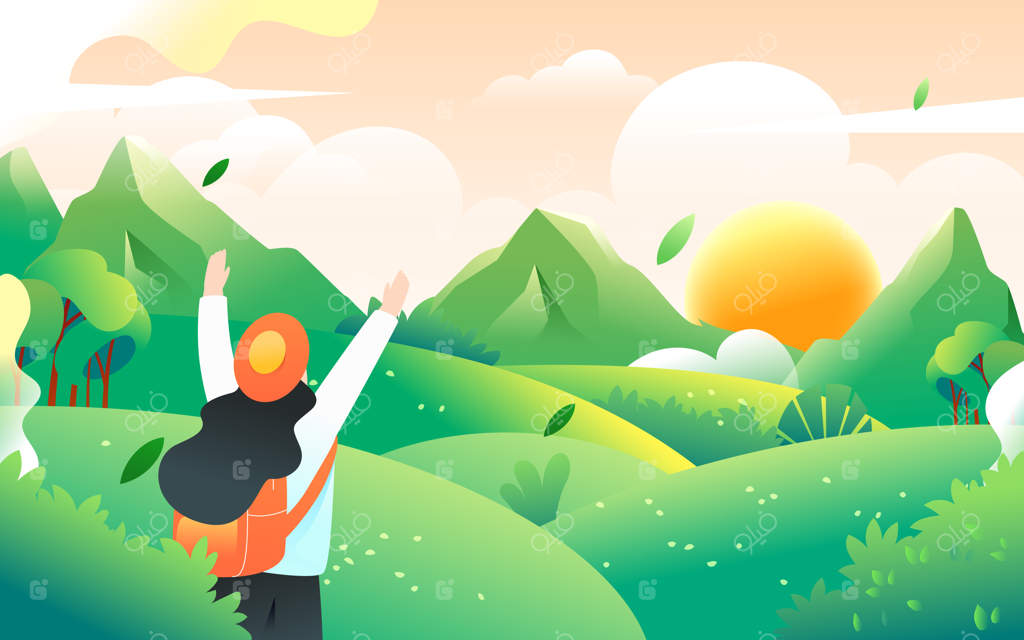 افراد در بهار سفر می‌کنند و در پس‌زمینه کوه‌ها و جنگل‌ها دیده می‌شود، تصویر وکتور