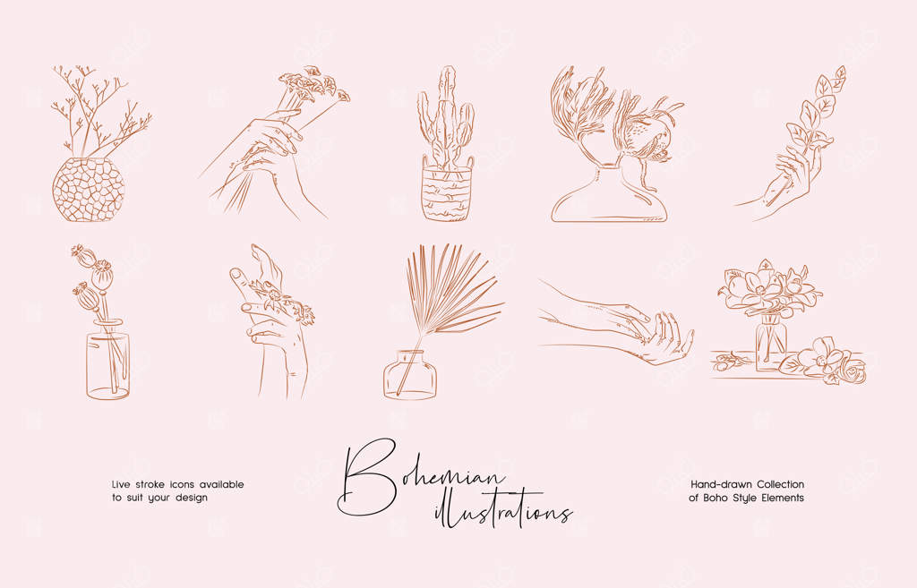 مجموعه‌ای شیک از نقاشی‌های دست‌کشیده به سبک بوهو با طرح‌های خطی بوهیمی و اشکال انتزاعی