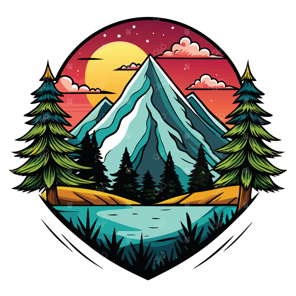 قله کوه، منظره دریاچه و درختان کاج در غروب، طرح هنری طبیعت