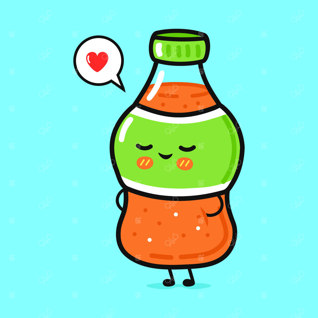 نوشابه کارتونی با قلبی پر از عشق و شادی، با حالت بامزه در پس‌زمینه آبی.