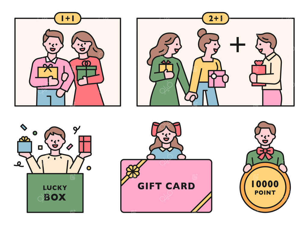 افرادی با جعبه‌های هدیه و گواهی‌نامه‌های هدیه: لوگوی شخصیت دوست‌داشتنی