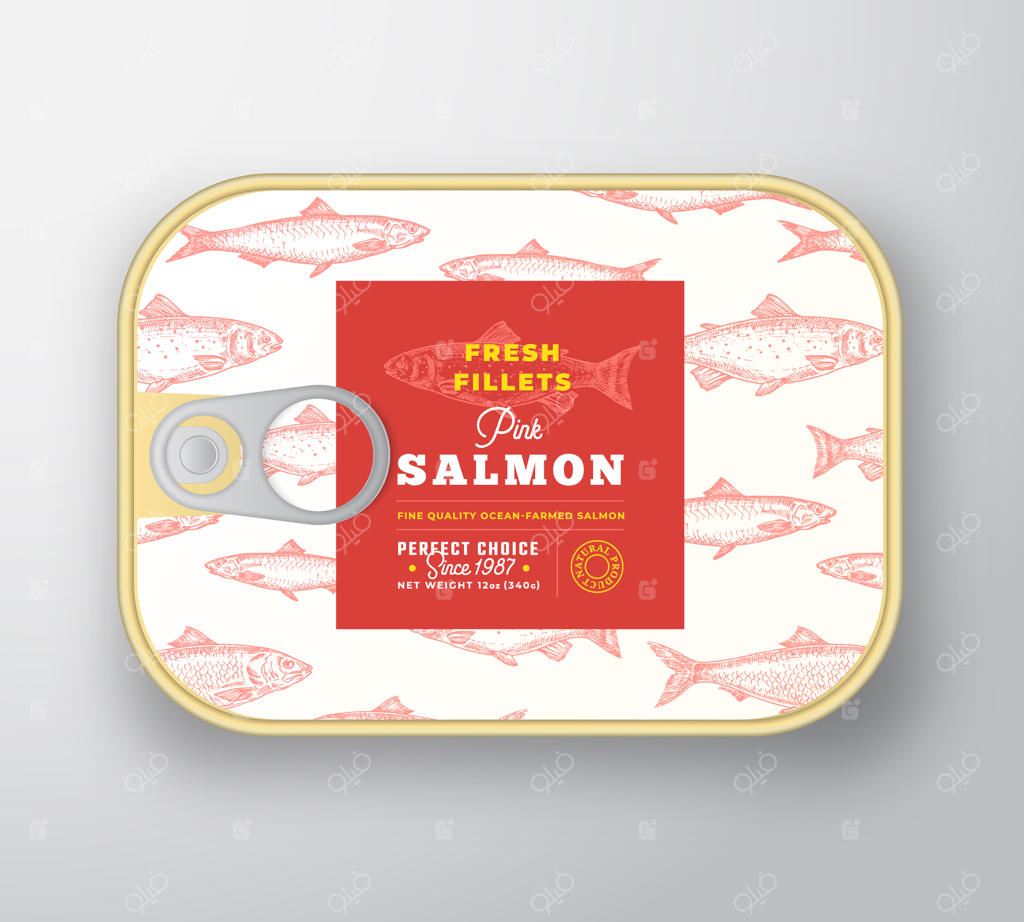 قالب برچسب ماهی کنسرو شده: طرح انتزاعی برای قوطی آلومینیومی با روکش برچسب.