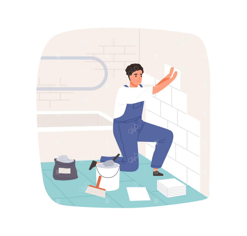 نصب و چسباندن کاشی دیواری سرامیکی در حمام توسط کارگر. کاشی‌کار حرفه‌ای با لباس کار. استاد تعمیرات در حال کاشی‌کاری. تصویرسازی وکتور از استاد تعمیرات در زمینه‌ی سفید