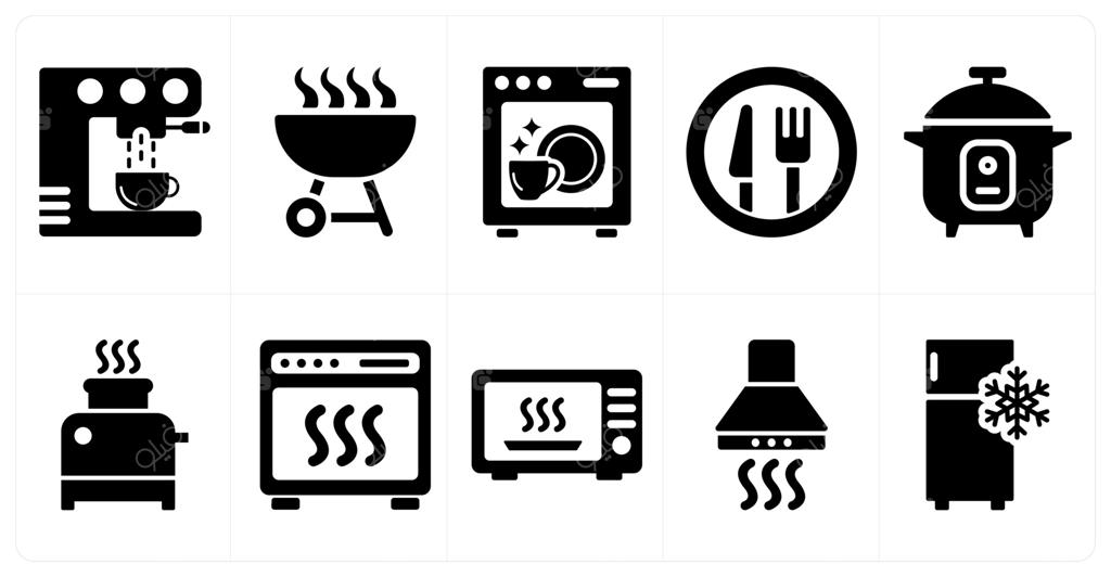 مجموعه‌ای از ۱۰ آیکون لوازم خانگی مانند قهوه‌ساز، باربیکیو، ماشین ظرفشویی به رنگ مشکی پر شده