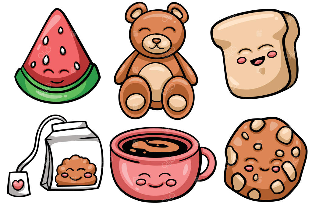 مجموعه‌ای از عناصر کیوت و دست‌کشیده: هندوانه، خرس عروسکی، نان، چای کیسه‌ای، قهوه و کوکی‌ها