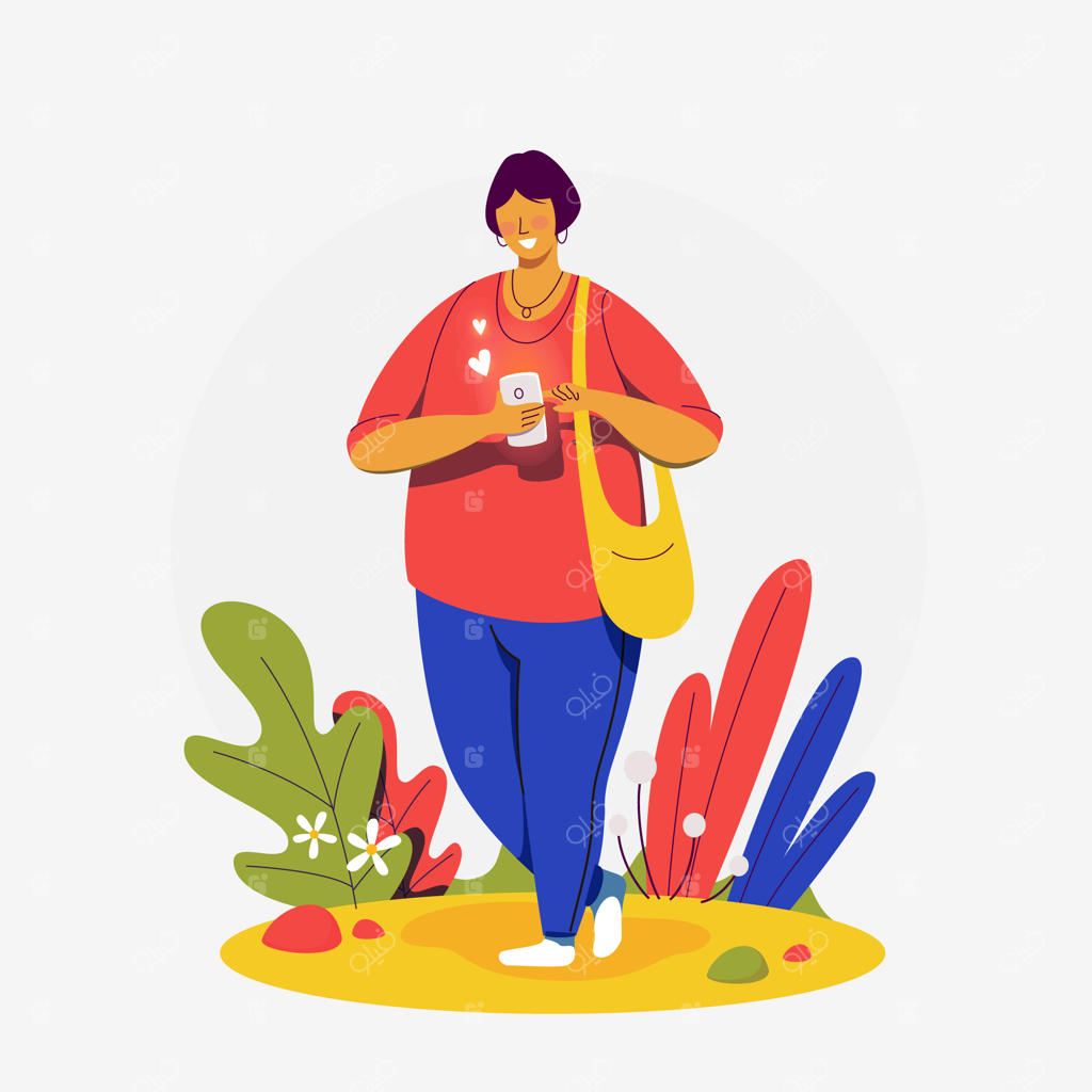 مفهوم مدرن تصویرسازی وبسایت: زنی با گوشی هوشمند. چگونه لایک‌های بیشتری دریافت کنیم؟ زندگی در شبکه‌های اجتماعی.