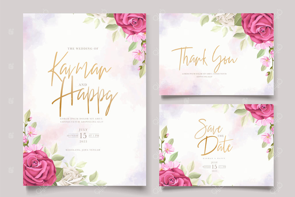 ست کارت دعوت عروسی با طرح گل‌های رز قرمز ملایم به صورت دستی طراحی شده‌اند.