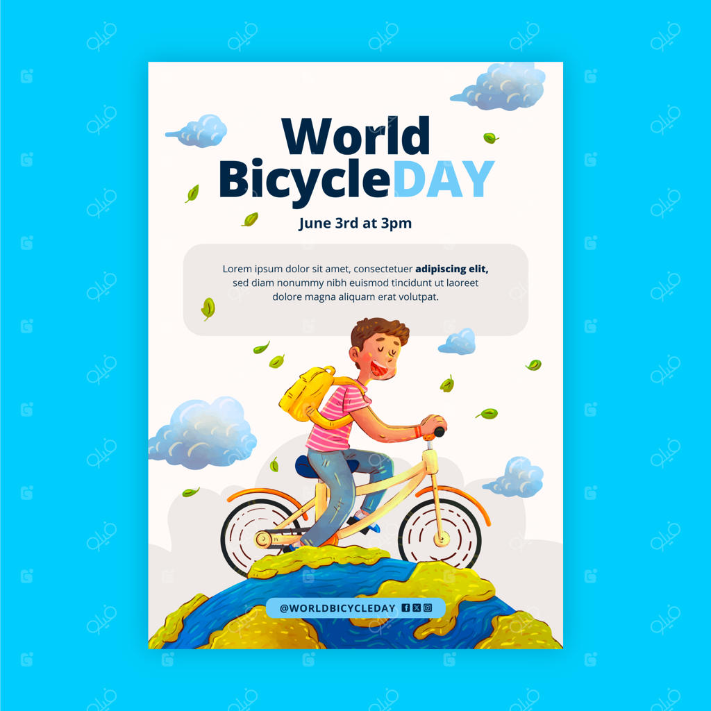 قالب پوستر روز جهانی دوچرخه با طرح آبرنگی