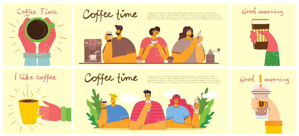 دوستان خندان در حال نوشیدن قهوه و صحبت کردن: کارت‌های مفهومی زمان قهوه، استراحت و آرامش.