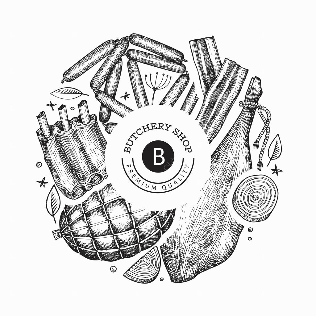 قالب طراحی محصولات گوشتی کلاسیک. ژامبون، سوسیس، ادویه‌جات و گیاهان معطر به سبک دست کشیده. تصویرسازی قدیمی.