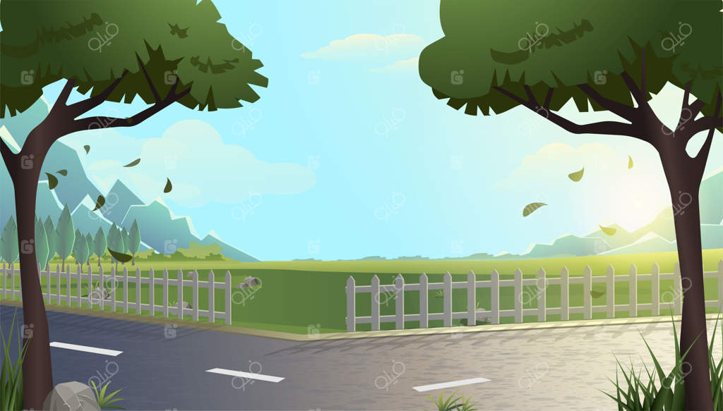 پس‌زمینه به سبک وکتور با نرده سفید، چمن سبز و درختان.