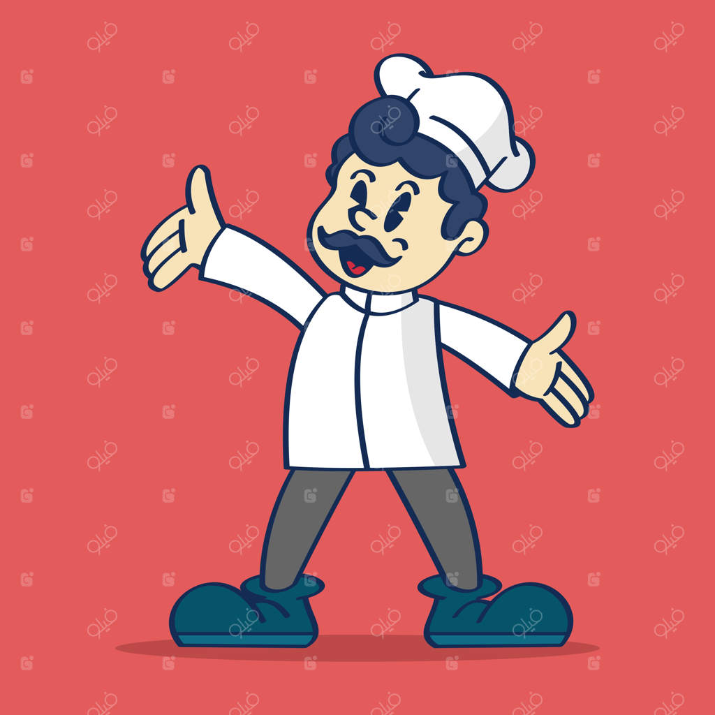 شخصیت کارتونی یک سرآشپز با سبیل و کلاه آشپزی بر سرش