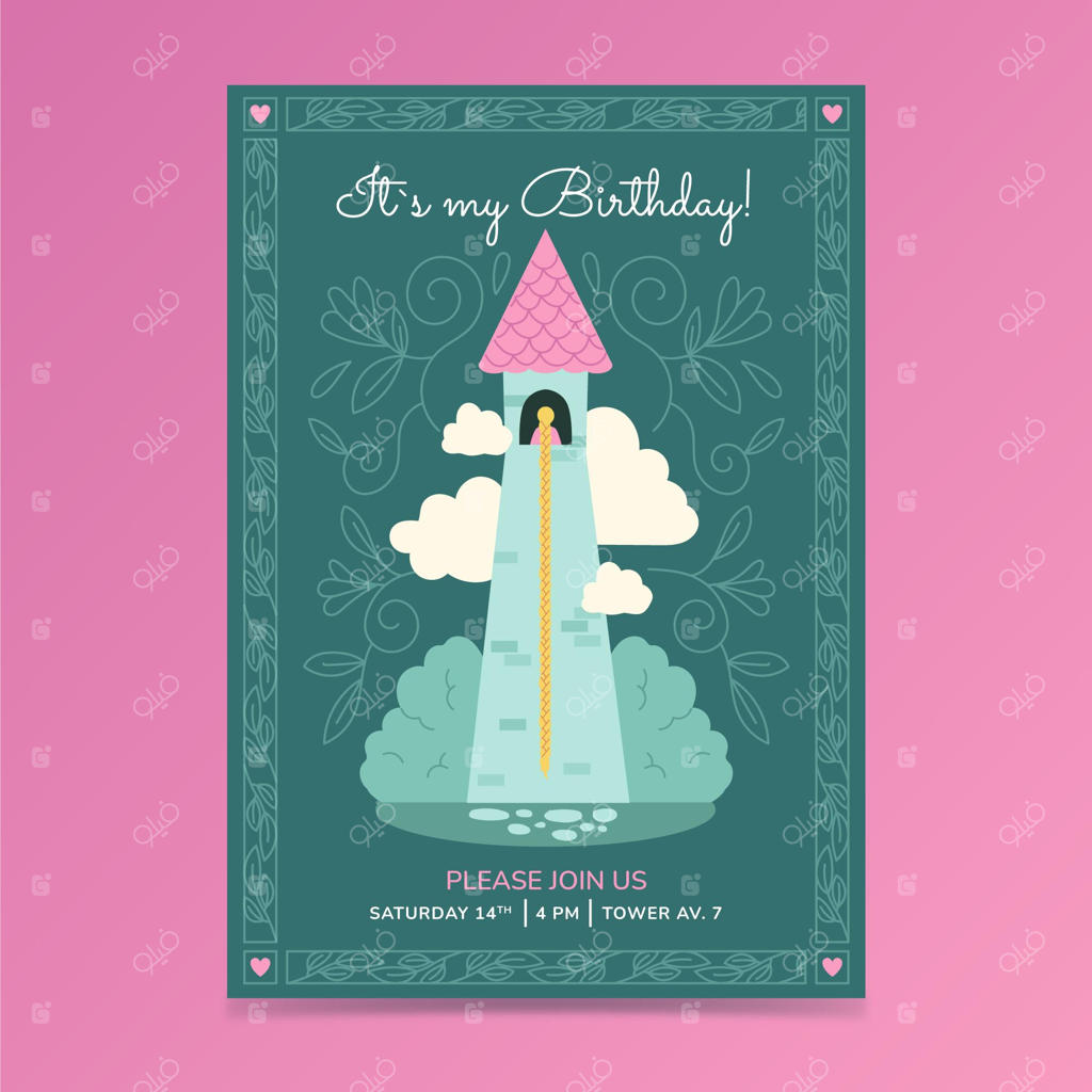 دعوت‌نامه تولد راپونزل با طراحی دستی