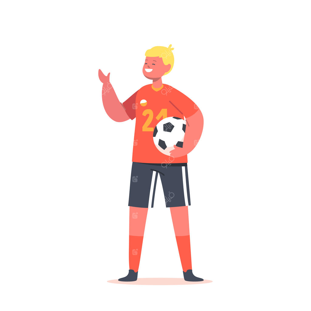 پسر بچه ورزشکار با لباس ورزشی و توپ در دست، آماده برای بازی فوتبال روی پس‌زمینه سفید