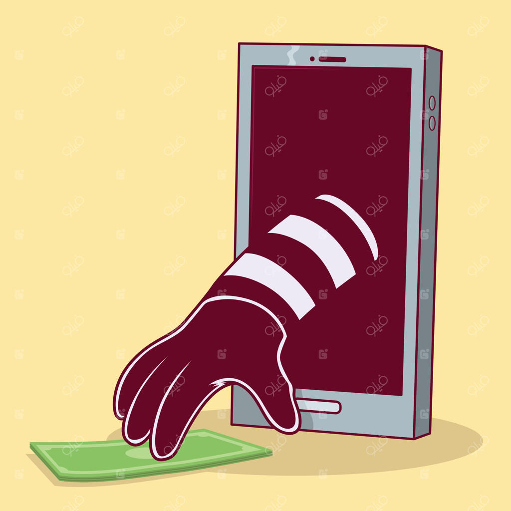 دزد با دست بیرون آمده از گوشی در حال سرقت پول - مفهوم طراحی مخاطرات آنلاین و شکارچیان اینترنتی