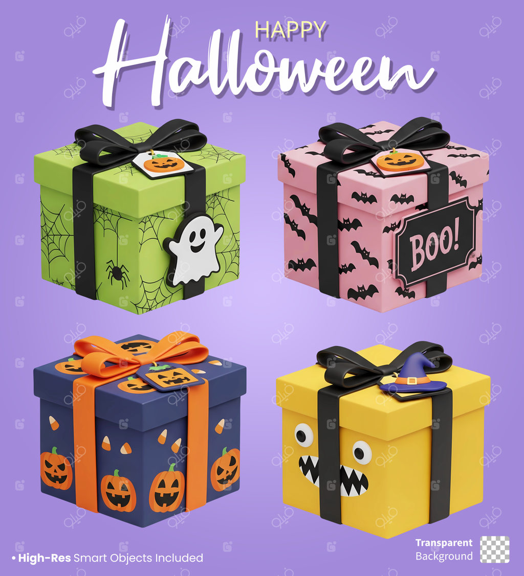 قالب هالووین مبارک با مجموعه هدایای کارتونی و سه بعدی بامزه