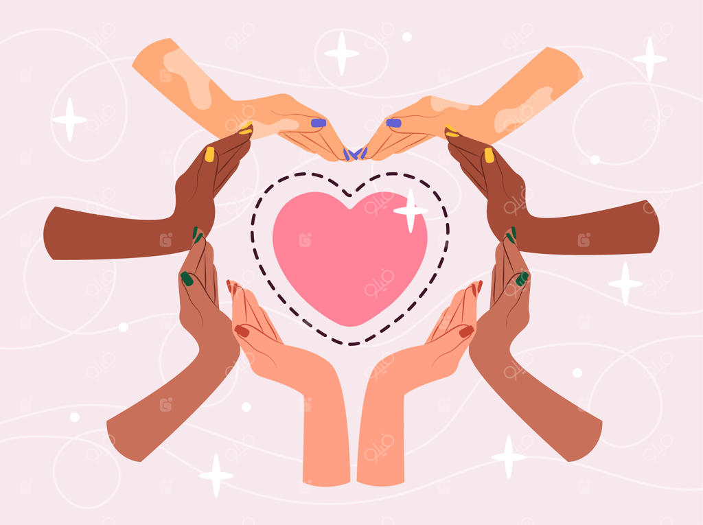 نماد حمایت: دست‌های چندنژادی بر روی قلب، نشانگر سخاوت، مهربانی و همبستگی
