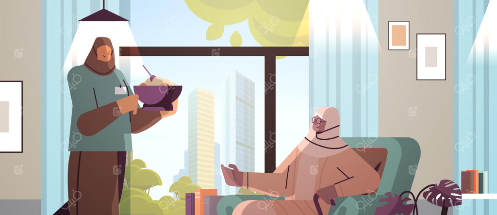 پرستار یا داوطلب مهربان در حال آوردن غذا برای زن سالمند عرب - خدمات نگهداری در منزل: مفهوم مراقبت‌های بهداشتی و حمایت اجتماعی در خانه سالمندان