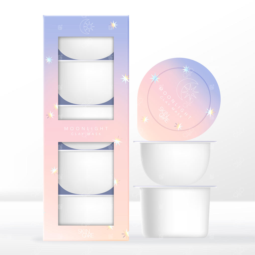 زیبایی، بسته‌بندی کپسول‌های قهوه یا نوشیدنی با جعبه مقوایی. طراحی با تم ملایم و گرادیان نور ماه.