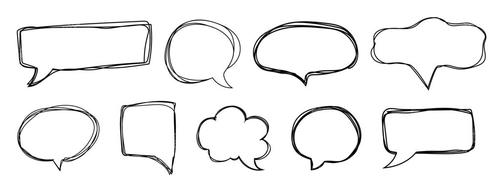 طرح قاب حباب گفتار با طراحی سریع و دست‌نویس با ماژیک یا قلم. قاب طراحی کمیک برای تاکید، شکل ابر، قلب، حباب دایره‌ای برای چت و جعبه متن.