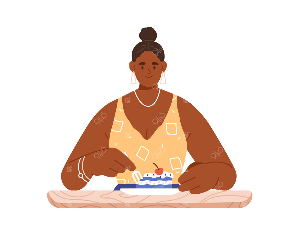 زن خوشحال در حال خوردن دسر شیرین و چشیدن تکه‌ای کیک شیرینی. فردی که از غذای خوشمزه لذت می‌برد. زنی که پشت میز با شیرینی‌های خوشمزه نشسته است. تصویر فلت وکتور روی پس‌زمینه سفید.