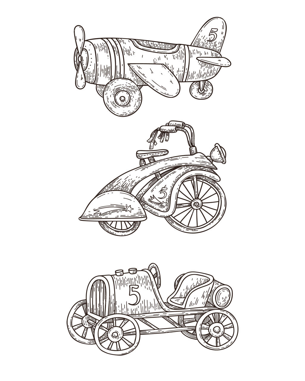 مجموعه نقاشی دستی وسایل نقلیه به سبک وینتیج: ماشین کلاسیک، هواپیما و دوچرخه روی زمینه سفید