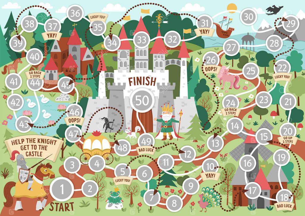 بازی رومیزی قصه‌های پریان برای کودکان با منظره دهکده قرون وسطایی - بازی رومیزی سرزمین جادویی - فعالیت قصه‌گویی یا کاربرگ قابل چاپ برای کودکان - به شوالیه کمک کنید تا به قلعه برسد