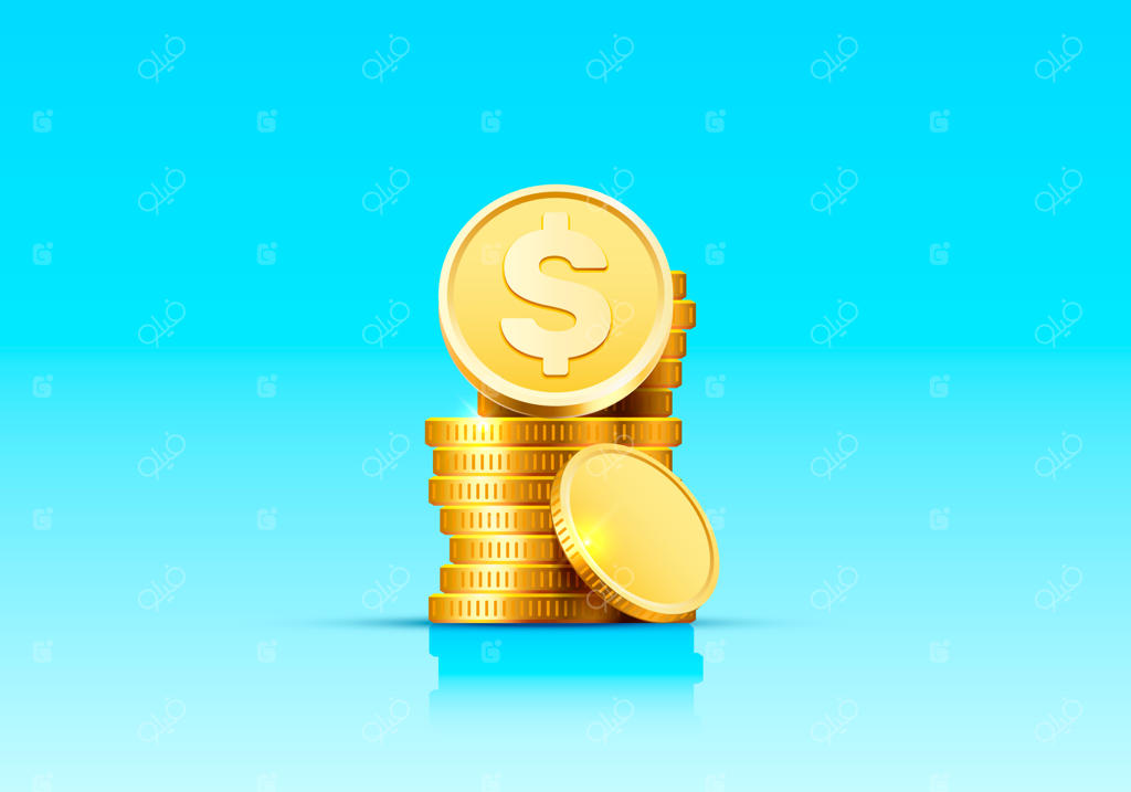 پشته‌ای از سکه‌های طلایی در حال افزایش روی سطح آبی