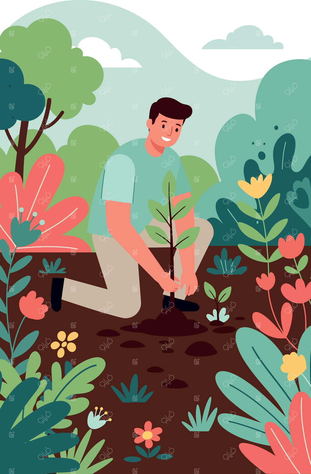 تصویر مردی که در باغی با شاخ و برگ‌های سبز و قرمز، نهال می‌کارد