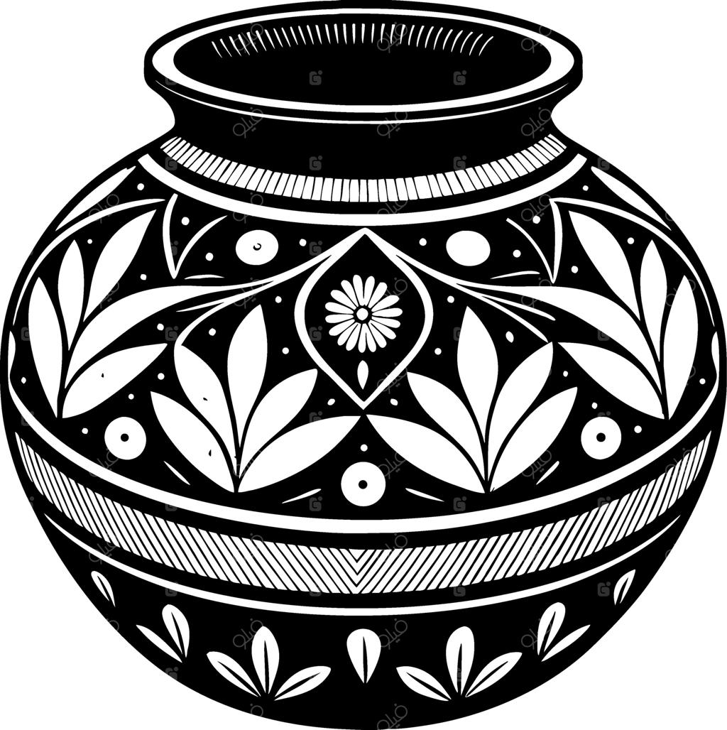 طرح کوزه تزیینی پرجزئیات با نقوش گل‌دار برای تتو و رنگ‌آمیزی