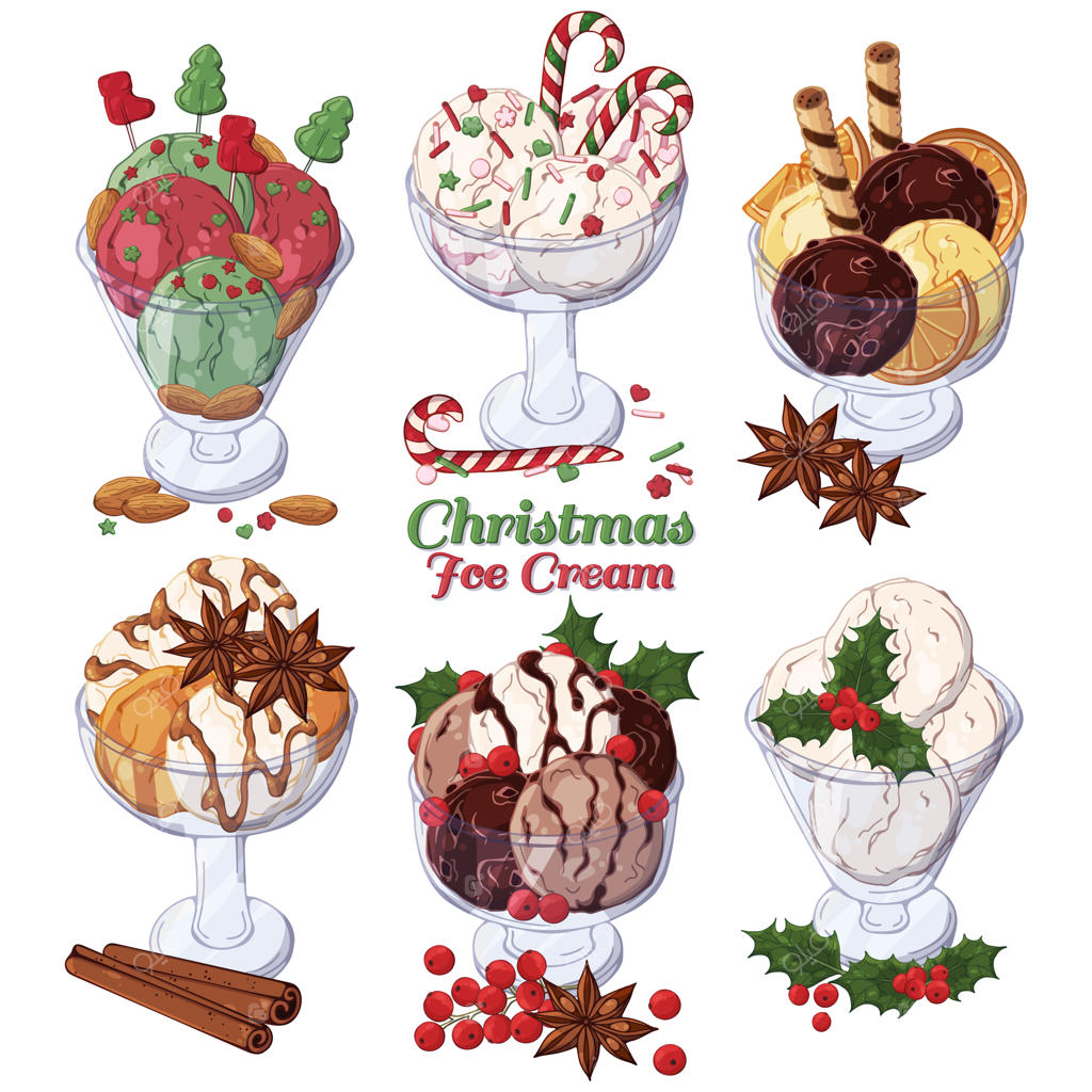 بستنی وکتور تزئین شده با آبنبات‌های کریسمس.