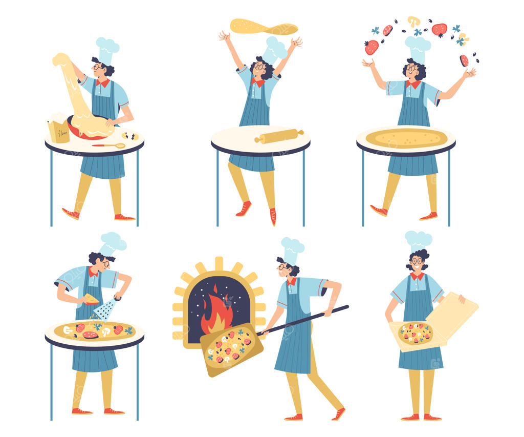 مجموعه مراحل پخت پیتزا در آشپزخانه رستوران، نانوایی، پیتزافروشی یا کافه