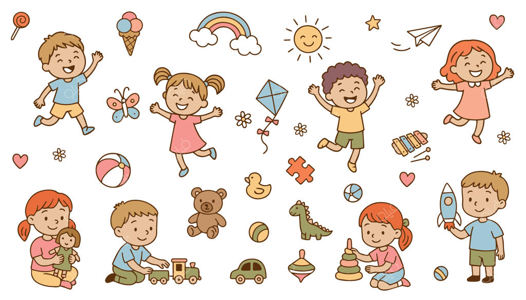 وکتور حرفه‌ای کودکان بازیگوش در حال لذت بردن از اسباب‌بازی و فعالیت‌های سرگرم‌کننده