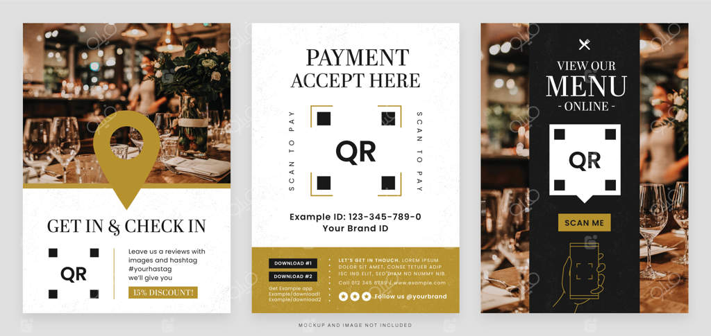 قالب فلایر بار و رستوران هتل با کد QR و تم سیاه و زرد در قالب وکتور نسخه دوم