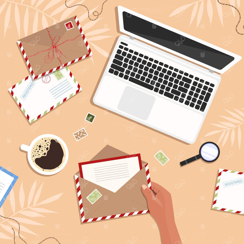 پاکتی حاوی نامه روی میز: زنی در حال باز کردن پاکت، کنار لپ‌تاپ و کارت‌پستال‌های محل کار به سبک تخت