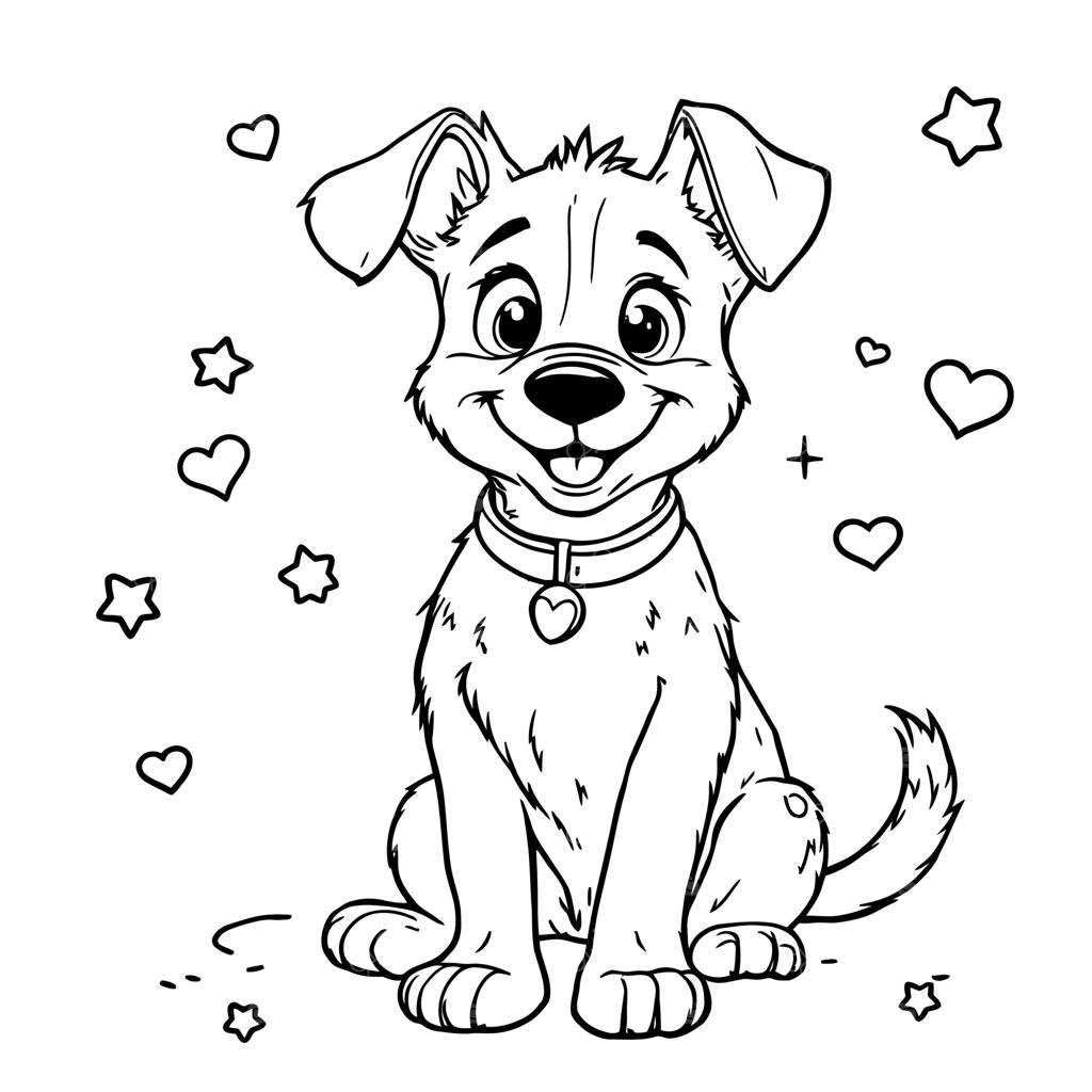 صفحه رنگ‌آمیزی بچه‌ها: توله‌سگ بامزه و خوشحال در میان ستاره‌ها و قلب‌ها