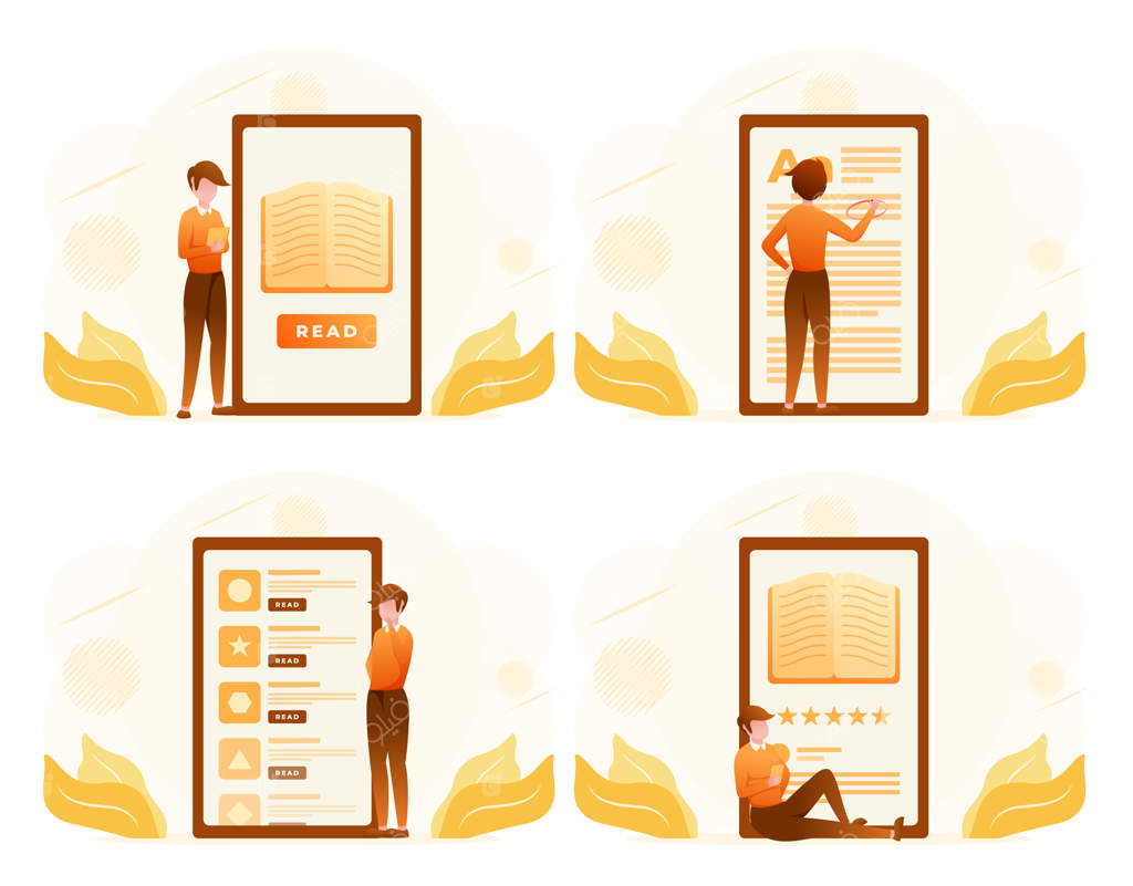 کتابخانه فروشگاه آنلاین کتاب و آموزش - مفهوم تخت آموزش و اپلیکیشن کتاب