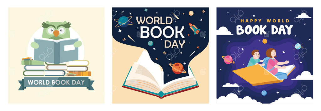 جغدی که کتاب می‌خواند. پشته‌ای از کتاب‌ها برای روز جهانی کتاب. کتابی باز با نمادهای نجوم.