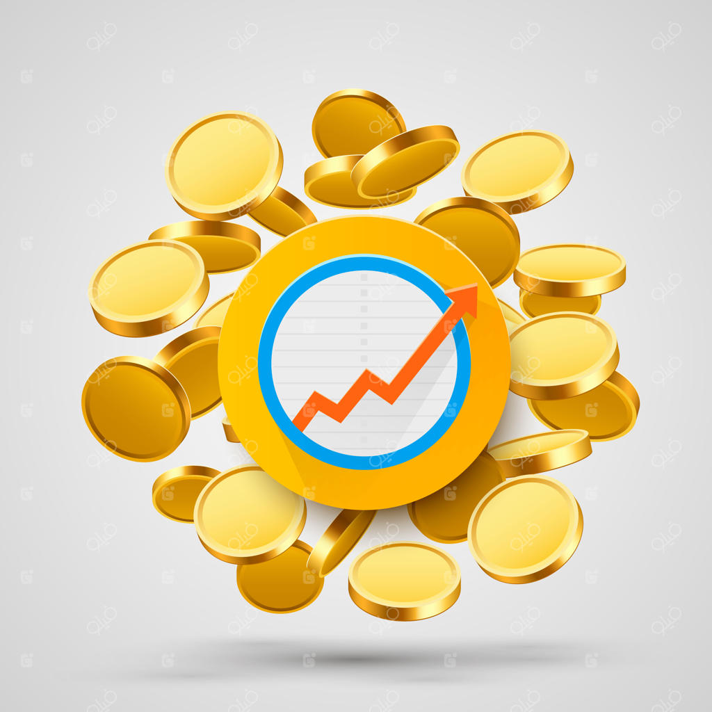 پیکان رشد کسب و کار همراه با سکه‌های طلا. تصویر وکتوری